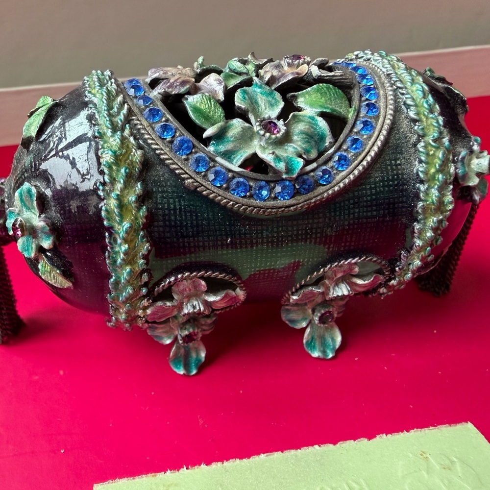 Floral Black and Green Decorative Box with Blue Gems